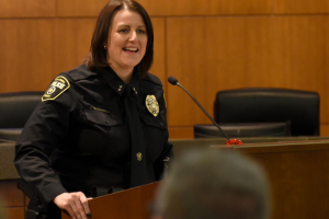 Jill Schlude speaks at a press conference on November 15, 2023, after she is announced as Columbia Missouri's next police chief.